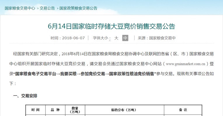 国家粮食交易中心：经国家有关部门研究决定，2018年6月14日组织开展国家临时存储大豆竞价交易，数量30万吨。