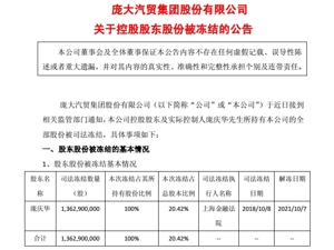 与海通恒信发生纠纷 ，庞庆华全部股权被冻结