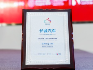 长城汽车“价值”615亿元 位居2019中国上市公司品牌价值榜第51名