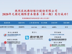 廊坊银行成功发行第一期30亿元永续债，服务实体经济再添动能