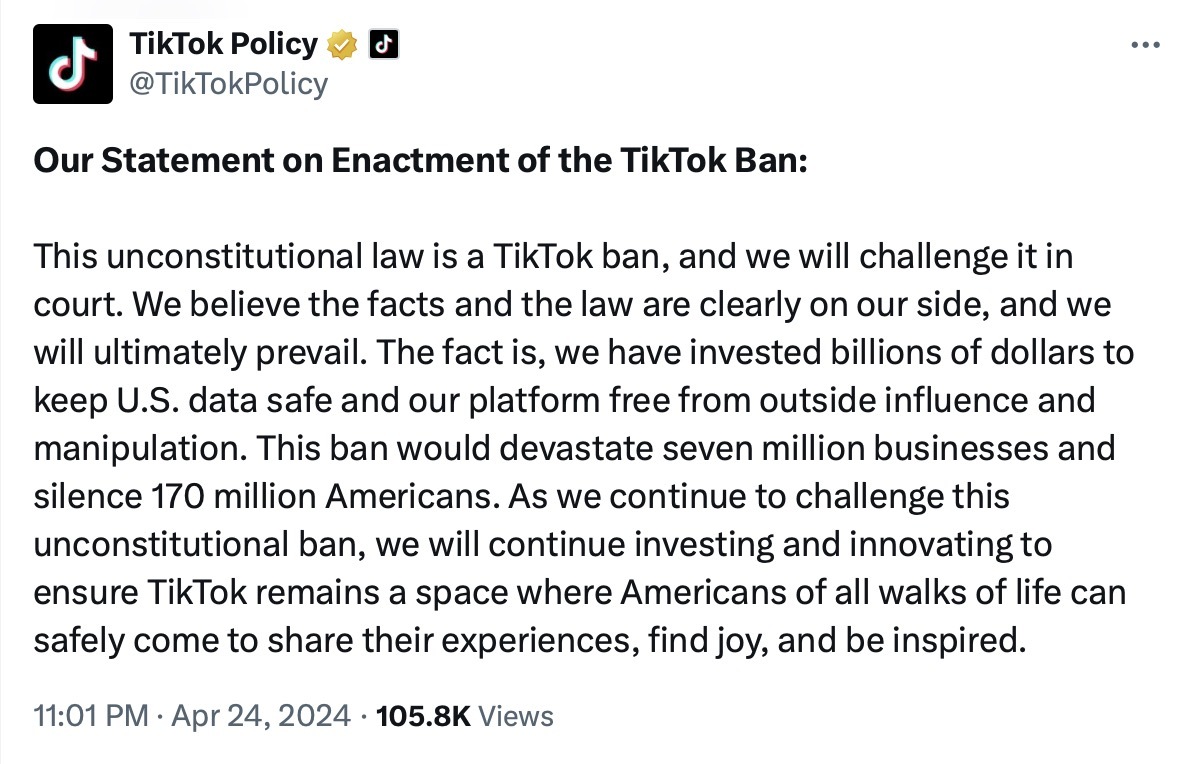 不剥离 就被禁，TikTok生死时刻：将在法庭上挑战拜登签署的禁令