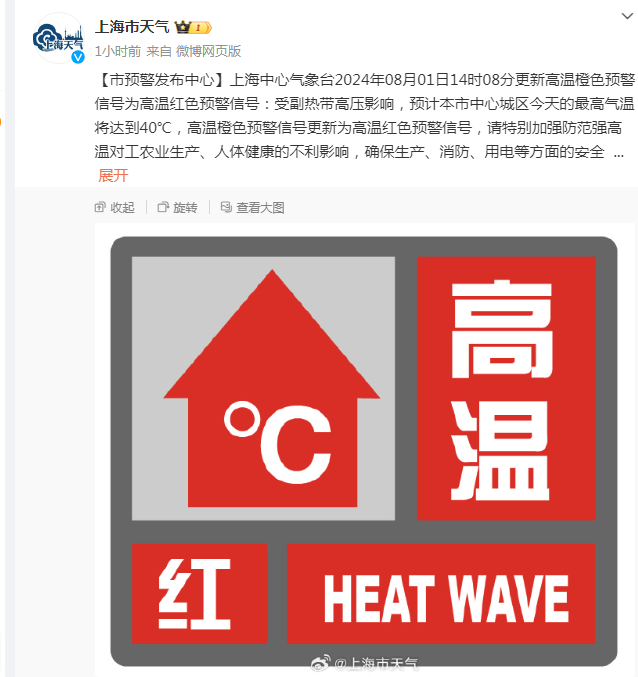 气温破40℃！时隔两年，上海发布高温红色预警！中国气象局：8月我国还将有两轮高温天气过程