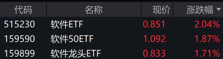 
          
            软件股盘中走强，相关ETF涨约2%
        