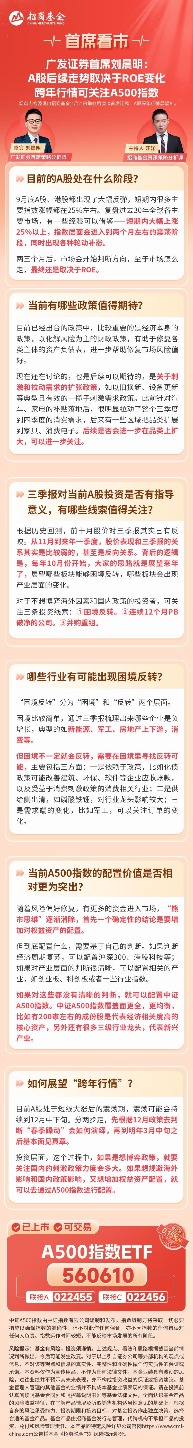 
          
            广发证券首席刘晨明：政策扭转A股预期，增加权益资产配置，可关注A500指数
        