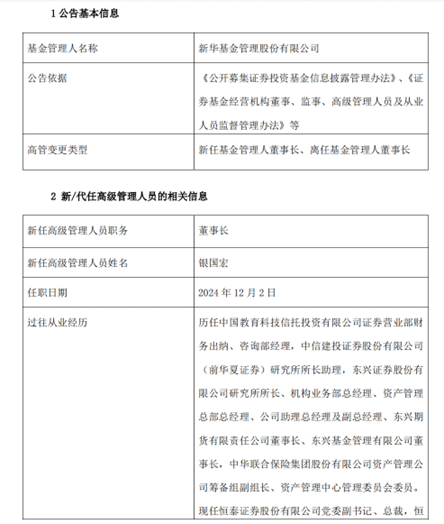 又有老牌公募换“掌舵人”：银国宏新任新华基金董事长，原董事长于春玲因个人原因离任